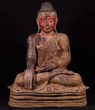 Mandalay-Buddha-Statue aus Myanmar in Bronze, sitzend in Bhūmisparśa-Mudrā, Frontalansicht