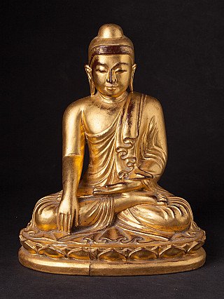 Mandalay wooden Buddha statue from Burma (Myanmar), seated in bhumisparsha mudra, full front