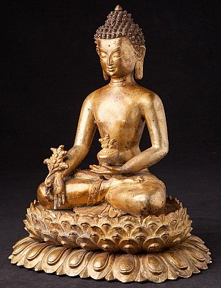 Bronze-Statue des Medizin-Buddha aus Nepal auf Lotossockel, Dreiviertelansicht rechts