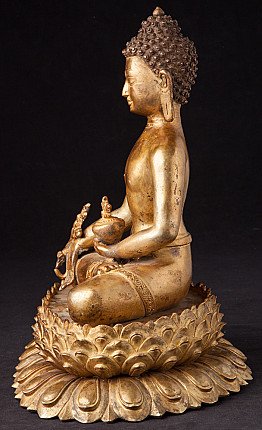 Nepalesische Medizin-Buddha-Statue aus Bronze, linke Seitenansicht mit Schale