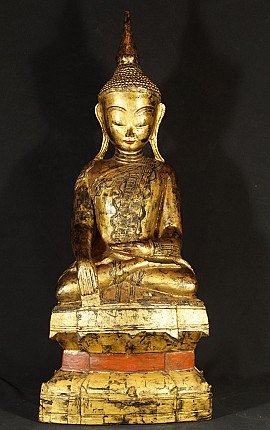 Antike Shan-Buddha-Statue aus Myanmar, Holz, vergoldet, sitzend in Bhumisparsha-Mudra