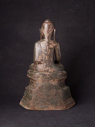 Antique bronze Shan Buddha statue from Myanmar, rear view with robe panel