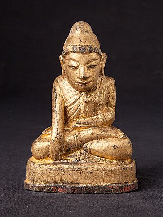 Hölzerne Mandalay-Buddha-Statue aus Burma, sitzend in Bhumisparsha-Mudra, Frontansicht