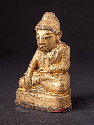 Mandalay-Buddha-Statue aus Holz, Myanmar, sitzend, Dreiviertelansicht links