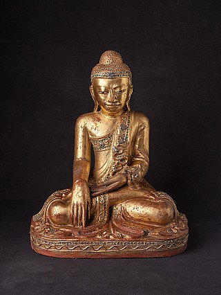 Mandalay Buddha statue from Myanmar in wood, seated in bhumisparsha mudra, full front
