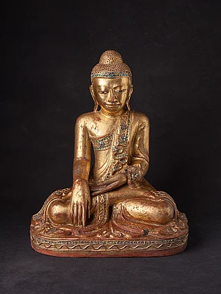 Mandalay Buddha statue from Myanmar in wood, seated in bhumisparsha mudra, full front