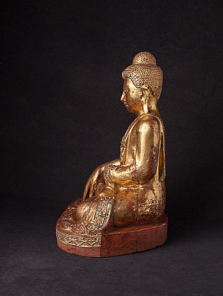 Mandalay Buddha statue from Myanmar in wood with gilt finish, left side view