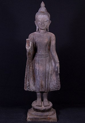 Stehende Buddha-Statue aus Burma (Myanmar) aus Bronze, Frontansicht mit erhobener Hand