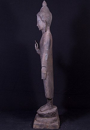 Stehende Buddha-Statue aus Bronze aus Burma, linke Seitenansicht mit Abhaya-Mudra