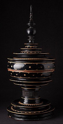 Burmese Shan lacquerware offering vessel in black with gold decoration, full view with finial lid
