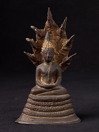 Thai bronze Buddha statue on Naga, seated in dhyana mudra, full-front view