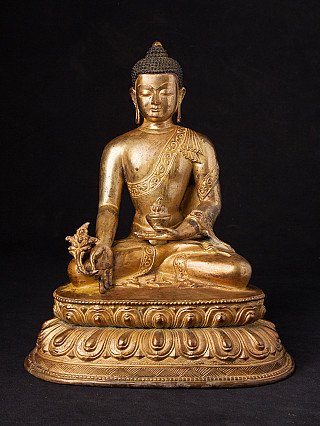 Nepalesische Medizinbuddha-Bronzestatue sitzend auf Lotussockel, Frontalansicht