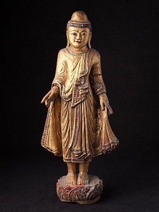 Buddha statue in wood from Burma (Myanmar), full front view with gilded surface