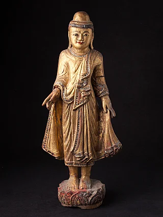 Buddha statue in wood from Burma (Myanmar), full front view with gilded surface