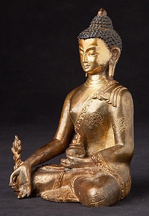 Bronze-Statue des Medizinbuddha aus Nepal, Dreiviertelansicht von rechts mit Schale im Schoß