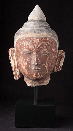 Marmor-Buddhakopf aus Burma (Myanmar) auf Sockel, Frontalansicht