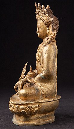 Bronzene Medizinbuddha-Statue aus Nepal mit Krone, linke Seitenansicht