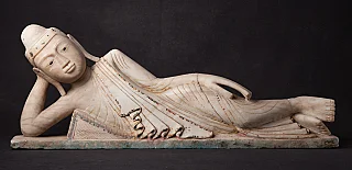 Reclining Buddha statue in marble from Burma (Myanmar), Shan style, full side view