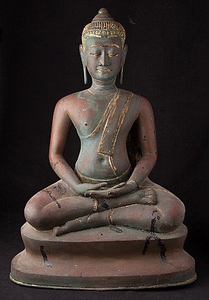 Thai bronze U-Thong Buddha statue seated in dhyana mudra, full front view on base
