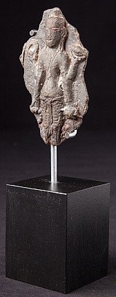 Bronze Vishnu statue fragment from Burma (Myanmar) on stand, three-quarter left view