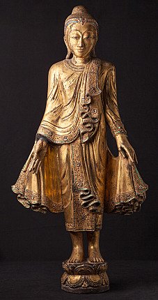 Stehende hölzerne Buddha-Statue im Mandalay-Stil aus Burma, Frontansicht
