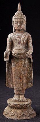 Stehende Buddha-Statue aus Bronze aus Burma (Myanmar) auf Lotus-Sockel, Frontalansicht