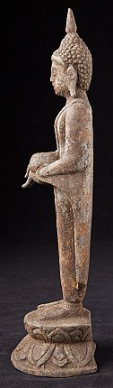 Stehende Buddha-Statue im Ava-Stil aus Bronze, Seitenansicht mit Schale am Bauch