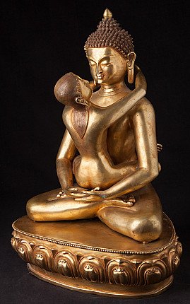 Buddha-Shakti-Statue aus Bronze aus Nepal, Dreiviertelansicht auf Lotussockel