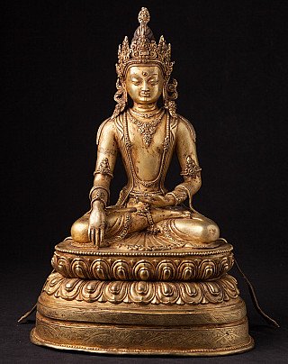 Nepalees bronzen gekroond Boeddhabeeld op lotussokkel, zittend in bhumisparsha mudra