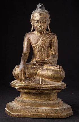 Bronzen Shan Boeddhabeeld uit Myanmar, zittend in bhumisparsha mudra, vooraanzicht