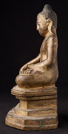 Shan-Buddha-Statue aus Bronze, sitzend, linke Seitenansicht