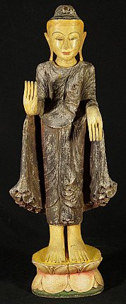 Stehende Buddha-Statue aus Burma (Myanmar) aus Holz, Frontansicht auf Lotus-Sockel