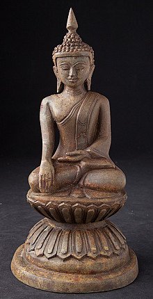 Shan bronze Buddha statue from Burma (Myanmar), seated in bhumisparsha mudra on lotus base, front view