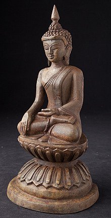 Bronze Buddha statue in Shan style from Burma (Myanmar), seated on lotus base, three-quarter left view
