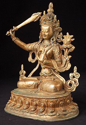 Bronzen Manjushri uit Nepal in zittende houding, met opgeheven zwaard, driekwartaanzicht