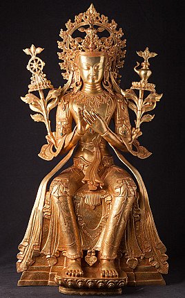 Maitreya Buddha statue from Nepal in bronze, seated with Dharmachakra mudra, full front