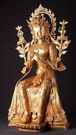 Bronze Maitreya Buddha statue from Nepal, seated, three-quarter left view with lotus stems