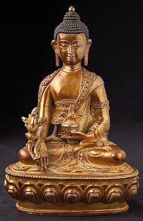 Nepalesische Bronze-Medizinbuddha-Statue, frontal auf Lotussockel, mit Schale und Pflanze