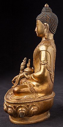 Nepalesische Bronze-Statue des Medizinbuddha, Seitenansicht sitzend mit Schale und Lotussockel