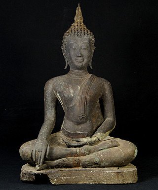 Sukhothai Buddha statue in bronze from Thailand, seated in bhumisparsha mudra, full front