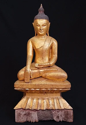Antike Shan-Buddha-Statue aus Myanmar aus Holz, sitzend in Bhūmisparśa-Mudrā, Frontalansicht