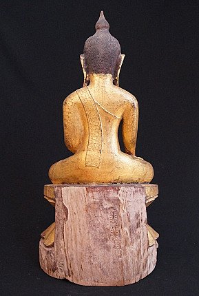 Antike Shan-Buddha-Statue aus Myanmar aus Holz, Rückansicht mit Rücken und Sockel