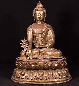 Nepalesische Bronze-Statue des Medizin-Buddha, sitzend auf Lotossockel, Frontalansicht