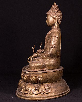 Nepalesische Medizin-Buddha-Statue aus Bronze, sitzend, linke Seitenansicht
