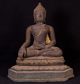 Thai bronze Buddha statue seated in bhumisparsha mudra, full front view