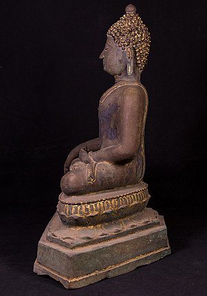 Thai bronze Buddha statue in seated posture, left side profile