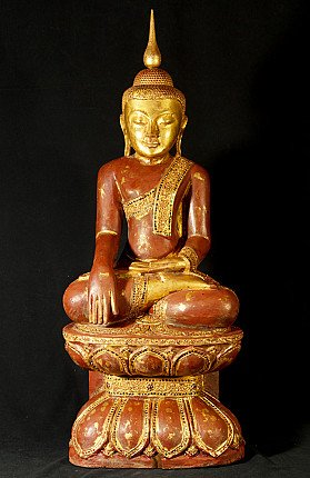 Houten Shan Boeddhabeeld uit Myanmar, zittend met verguld gezicht en lotussokkel, vooraanzicht