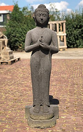 Stehende Buddha-Statue aus Lavastein aus Indonesien, Frontansicht mit Dharmachakra-Mudra
