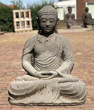 Buddha statue in Indonesian lavastone, seated meditation posture, full front view