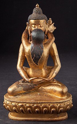 Shakti statue in bronze from Nepal, seated embracing couple on lotus base, front view